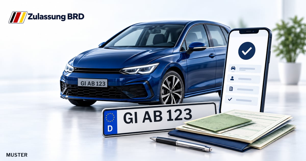 Online Fahrzeugzulassung in Pohlheim: Musterkennzeichen GI AB 123, Auto und Fahrzeugpapiere und Smartphone. Illustration mit Logo von Zulassung BRD.